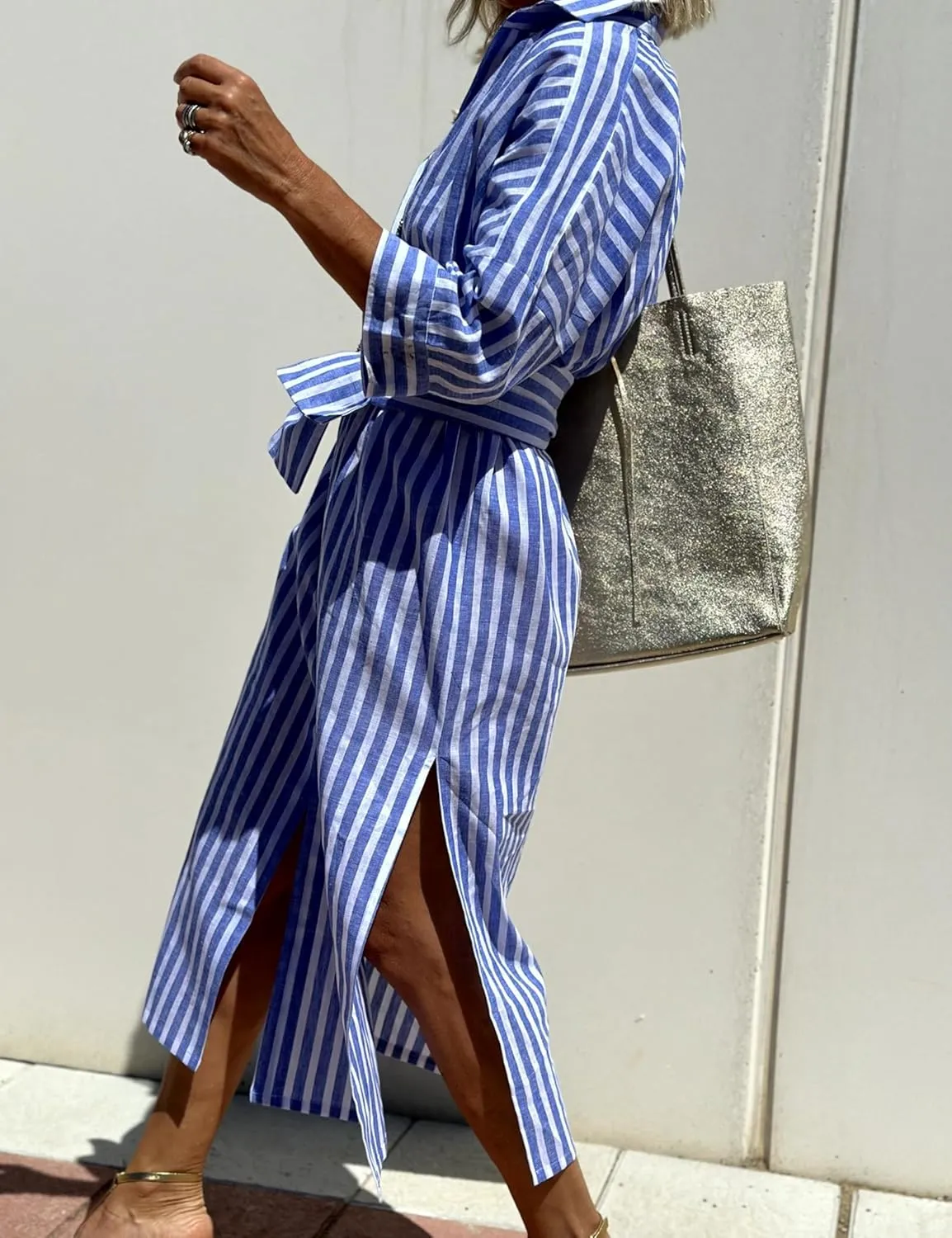Women Button Down Striped Shirt Maxi Dress Casual Lapel 3/4 Sleeve Belted Loose Cotton Vacation Long Dresses