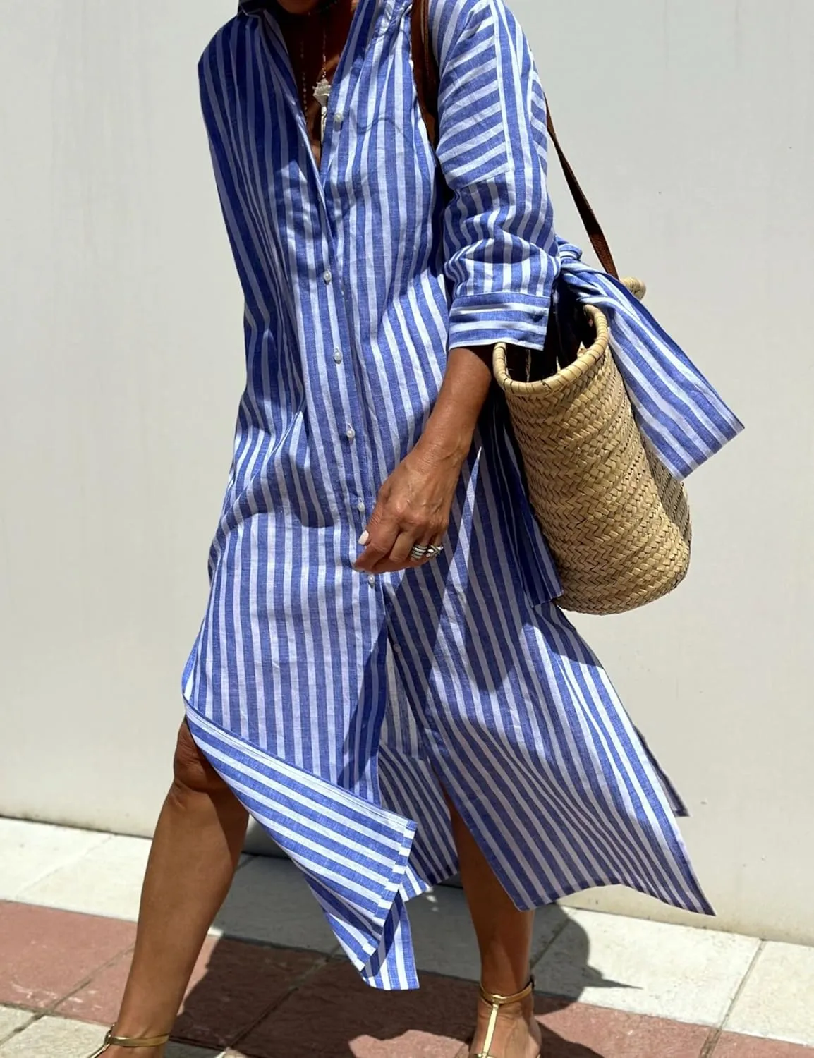 Women Button Down Striped Shirt Maxi Dress Casual Lapel 3/4 Sleeve Belted Loose Cotton Vacation Long Dresses