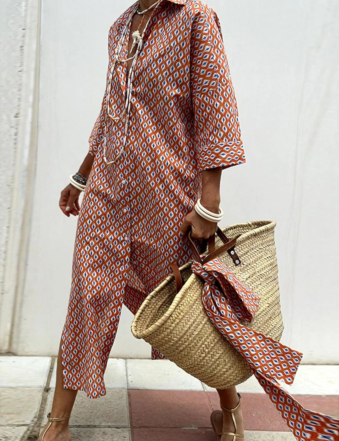 Women Button Down Striped Shirt Maxi Dress Casual Lapel 3/4 Sleeve Belted Loose Cotton Vacation Long Dresses