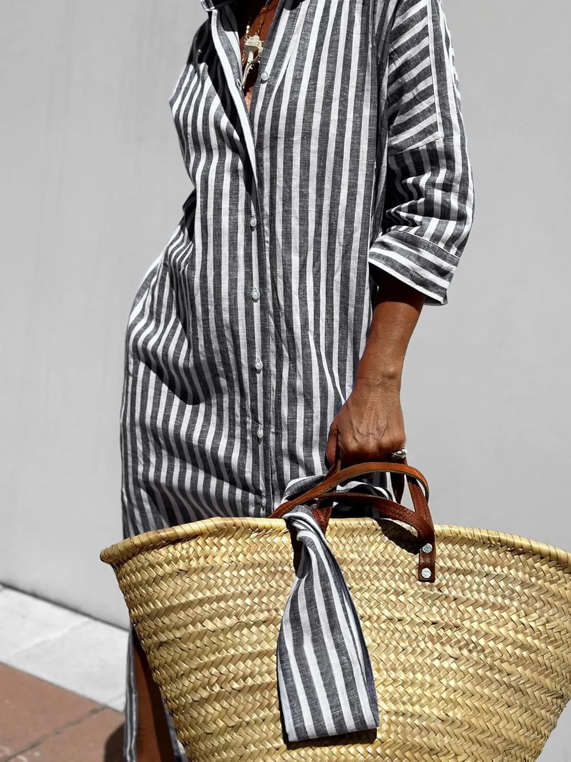Women Button Down Striped Shirt Maxi Dress Casual Lapel 3/4 Sleeve Belted Loose Cotton Vacation Long Dresses
