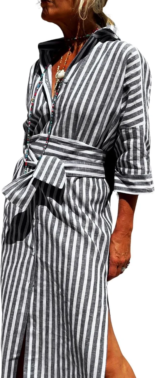 Women Button Down Striped Shirt Maxi Dress Casual Lapel 3/4 Sleeve Belted Loose Cotton Vacation Long Dresses