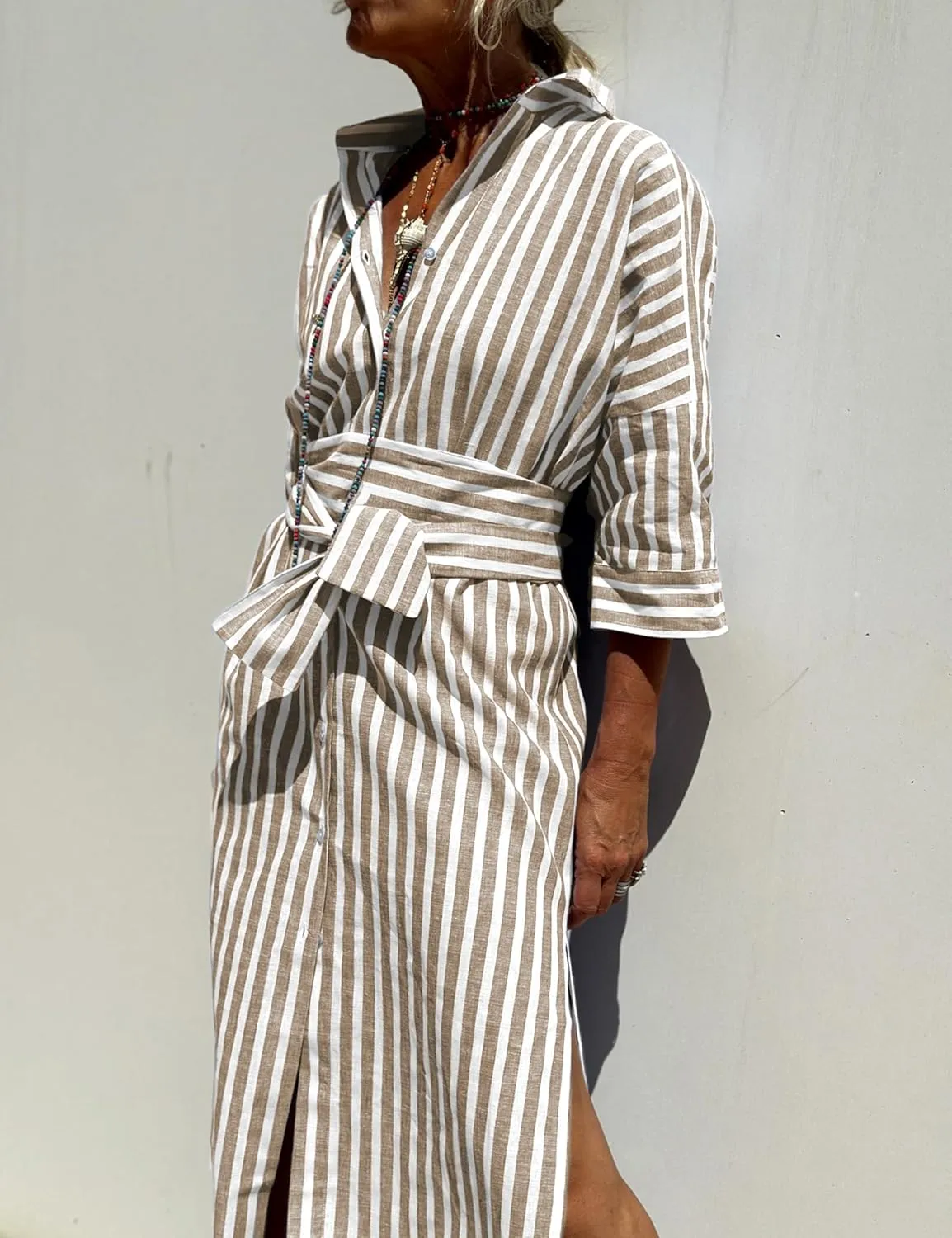 Women Button Down Striped Shirt Maxi Dress Casual Lapel 3/4 Sleeve Belted Loose Cotton Vacation Long Dresses