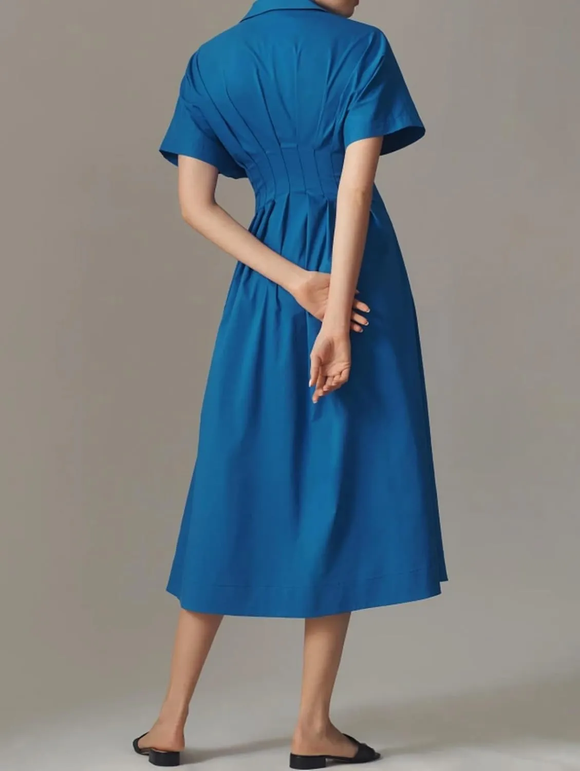 Women Button Front Pleated Shirt Maxi Dress Summer Striped Prints Short Sleeve Collar Casual Long Dresses
