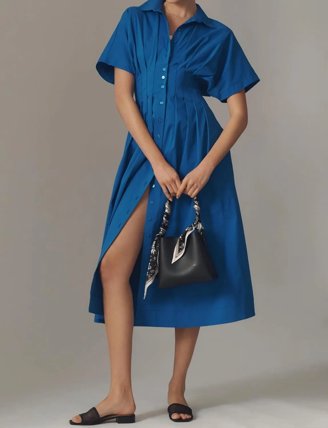 Women Button Front Pleated Shirt Maxi Dress Summer Striped Prints Short Sleeve Collar Casual Long Dresses