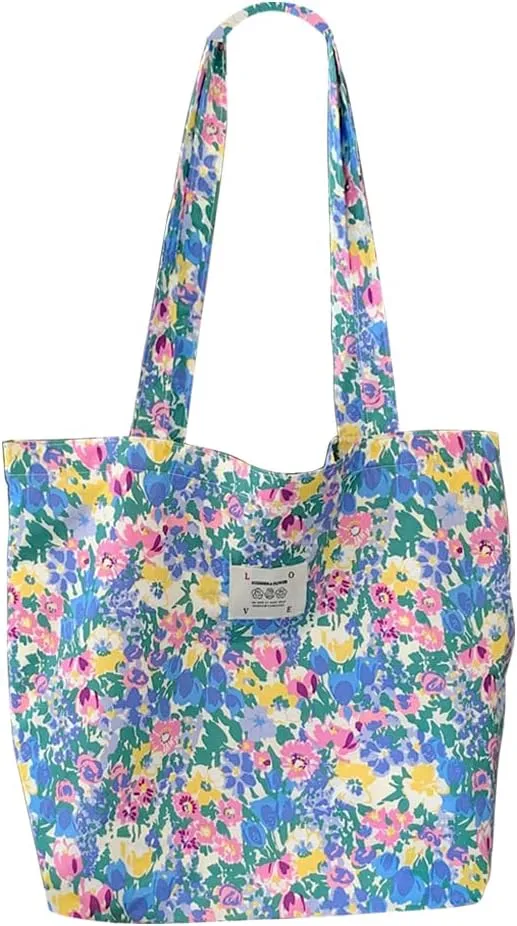 Women Cotton Cloth Tote Bag Blue Tulip Printing Shoulder Bag Adult Grocery Bags
