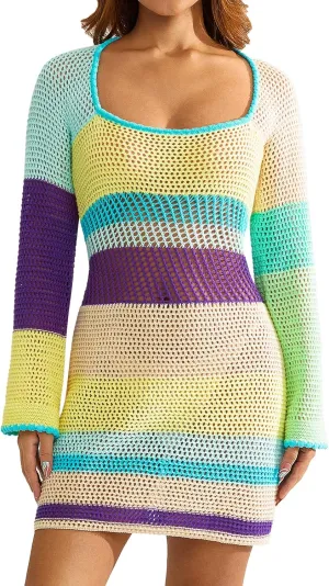 Women Crochet Knit Mini Dress Long Sleeve Colorful Mesh Cover Ups Casual Sweater Dress Summer Beach Wear