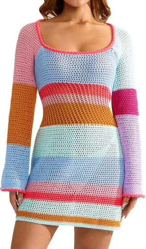 Women Crochet Knit Mini Dress Long Sleeve Colorful Mesh Cover Ups Casual Sweater Dress Summer Beach Wear