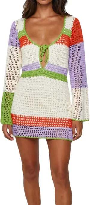 Women Crochet Knit Mini Dress Long Sleeve Colorful Mesh Cover Ups Casual Sweater Dress Summer Beach Wear