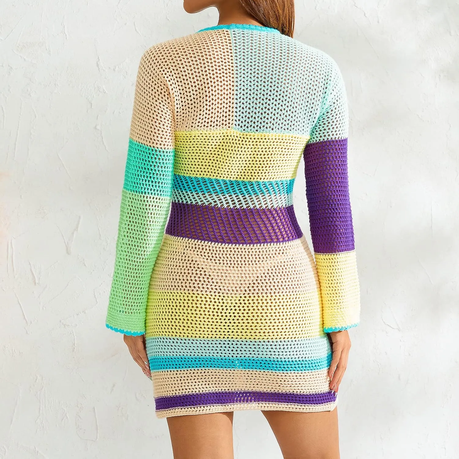 Women Crochet Knit Mini Dress Long Sleeve Colorful Mesh Cover Ups Casual Sweater Dress Summer Beach Wear