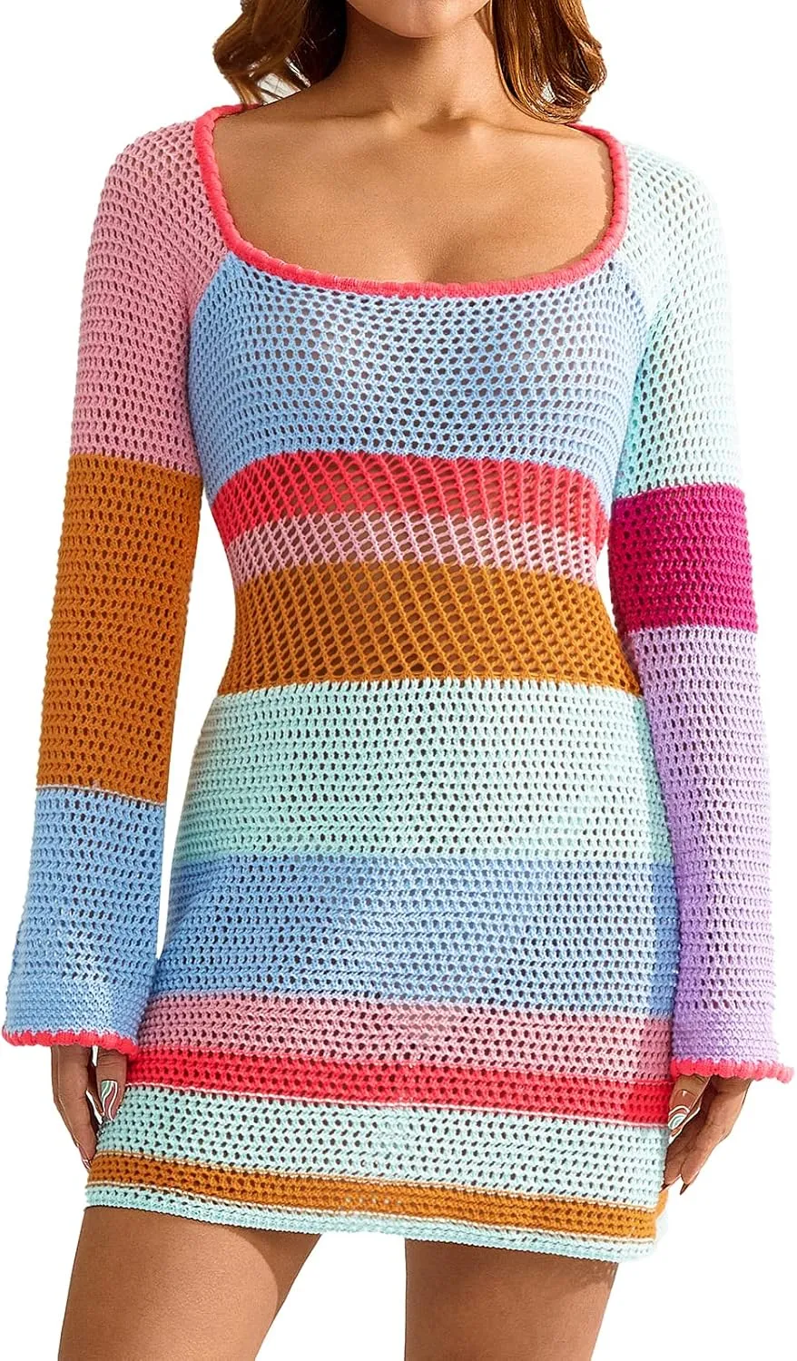 Women Crochet Knit Mini Dress Long Sleeve Colorful Mesh Cover Ups Casual Sweater Dress Summer Beach Wear