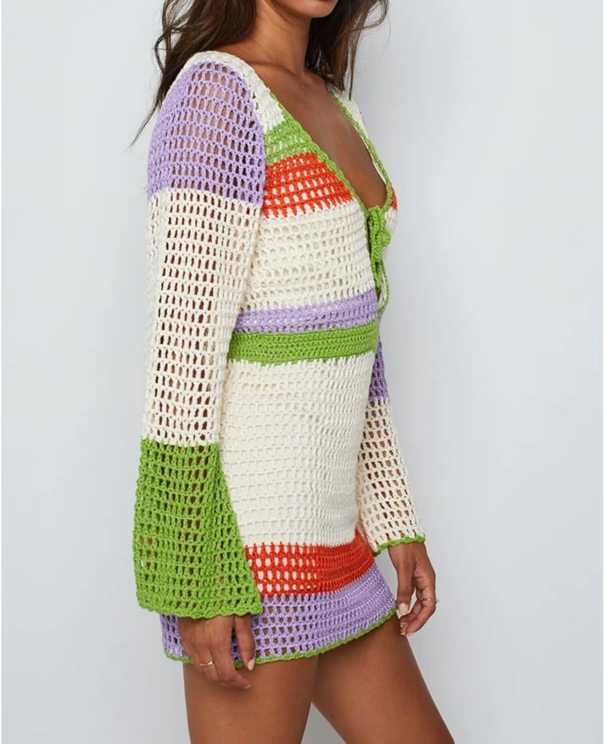 Women Crochet Knit Mini Dress Long Sleeve Colorful Mesh Cover Ups Casual Sweater Dress Summer Beach Wear