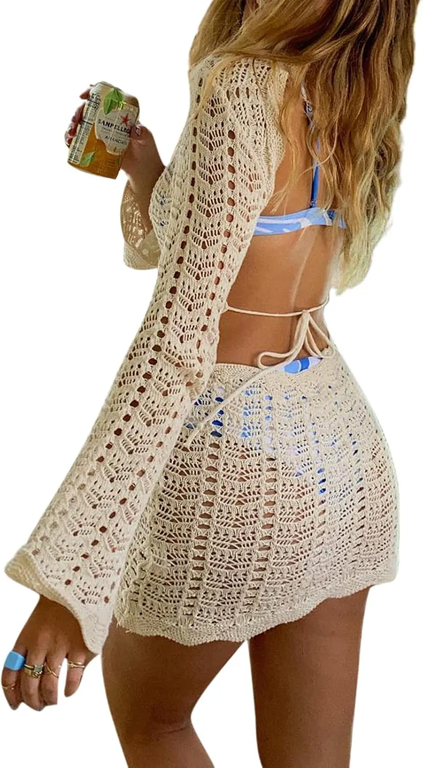 Women Crochet Knit Mini Dress Long Sleeve Colorful Mesh Cover Ups Casual Sweater Dress Summer Beach Wear