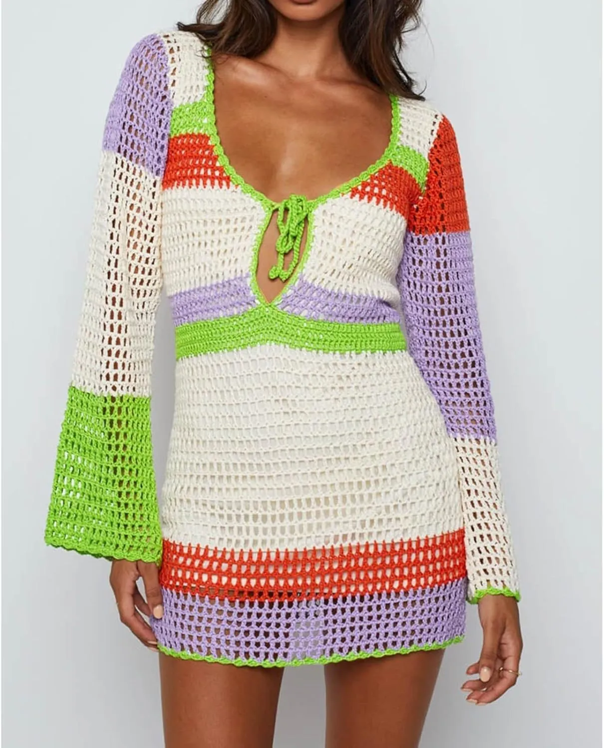 Women Crochet Knit Mini Dress Long Sleeve Colorful Mesh Cover Ups Casual Sweater Dress Summer Beach Wear