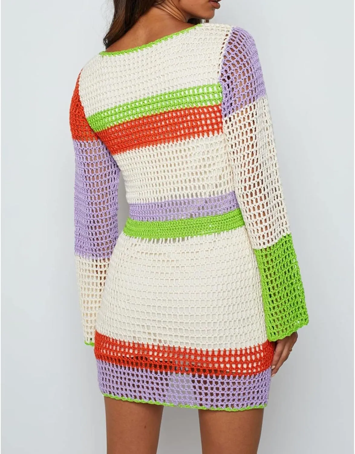 Women Crochet Knit Mini Dress Long Sleeve Colorful Mesh Cover Ups Casual Sweater Dress Summer Beach Wear