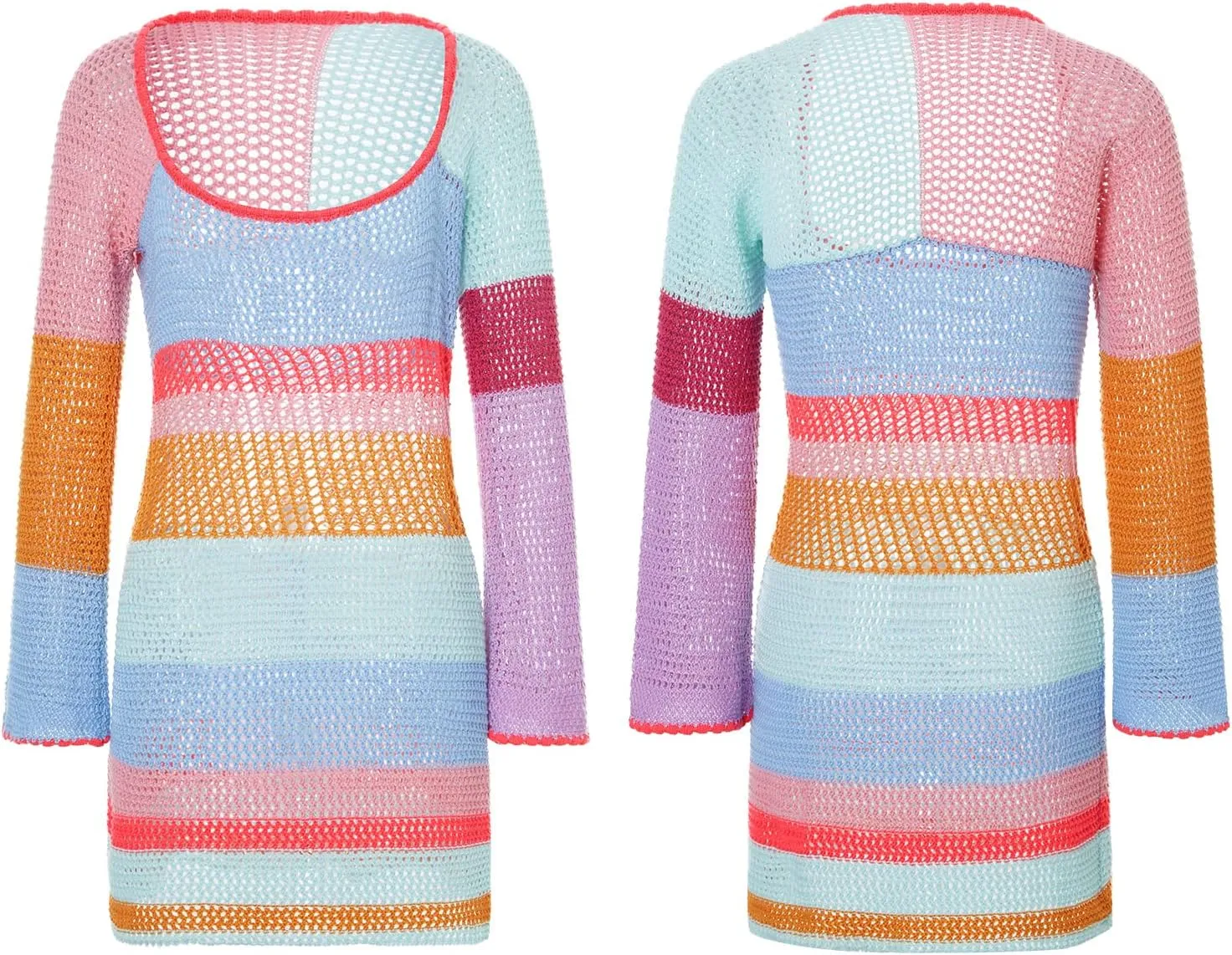 Women Crochet Knit Mini Dress Long Sleeve Colorful Mesh Cover Ups Casual Sweater Dress Summer Beach Wear