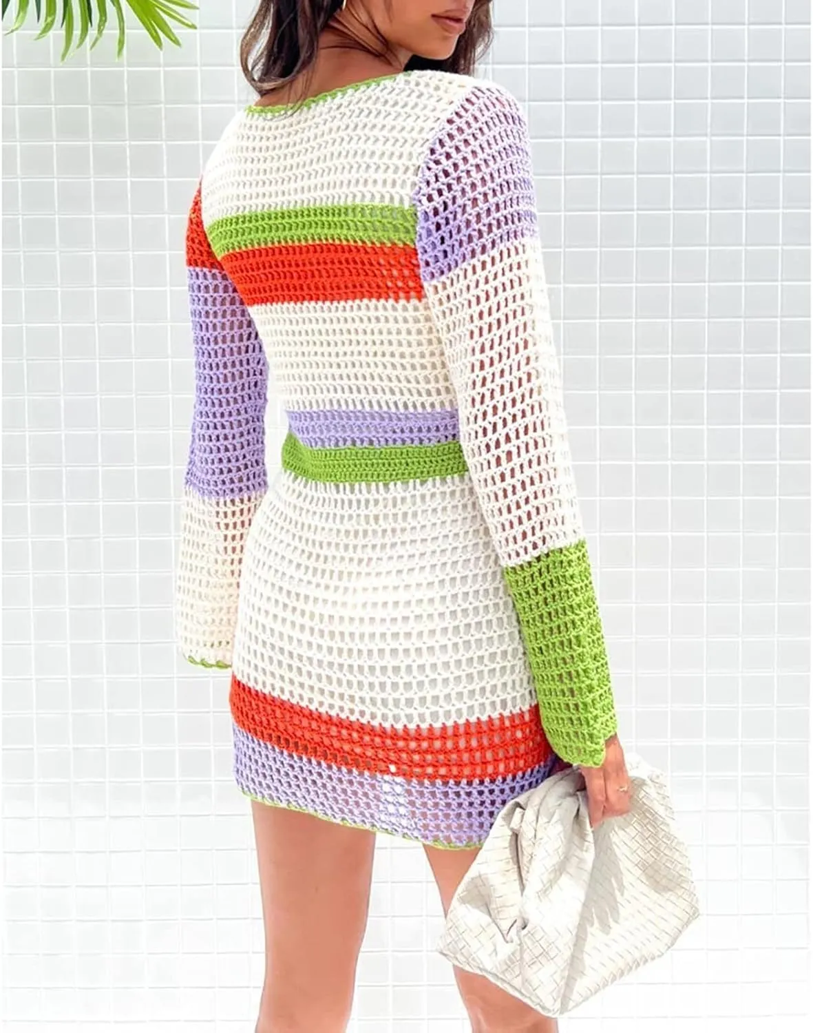 Women Crochet Knit Mini Dress Long Sleeve Colorful Mesh Cover Ups Casual Sweater Dress Summer Beach Wear