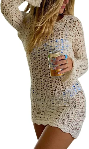 Women Crochet Knit Mini Dress Long Sleeve Colorful Mesh Cover Ups Casual Sweater Dress Summer Beach Wear