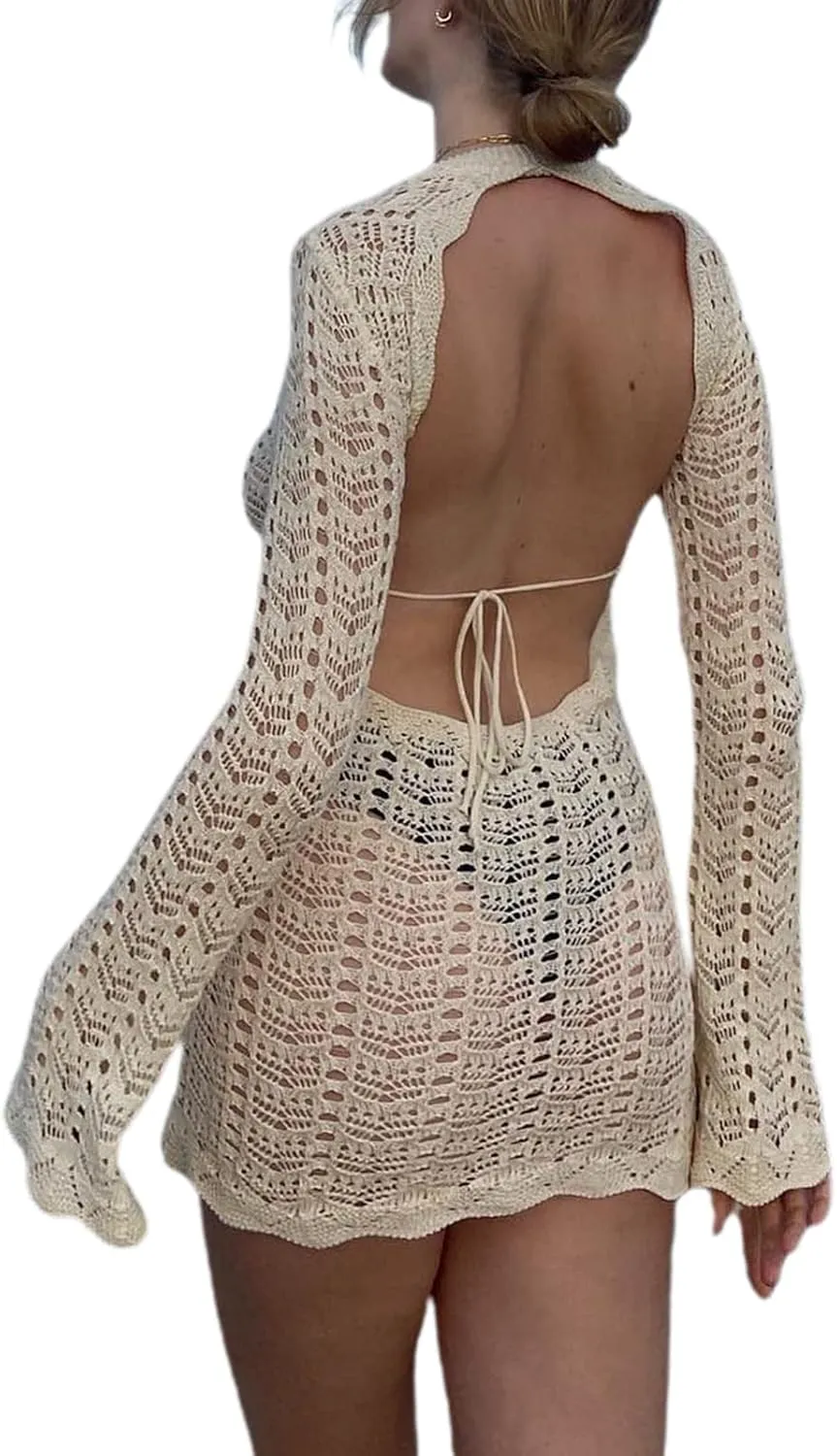 Women Crochet Knit Mini Dress Long Sleeve Colorful Mesh Cover Ups Casual Sweater Dress Summer Beach Wear