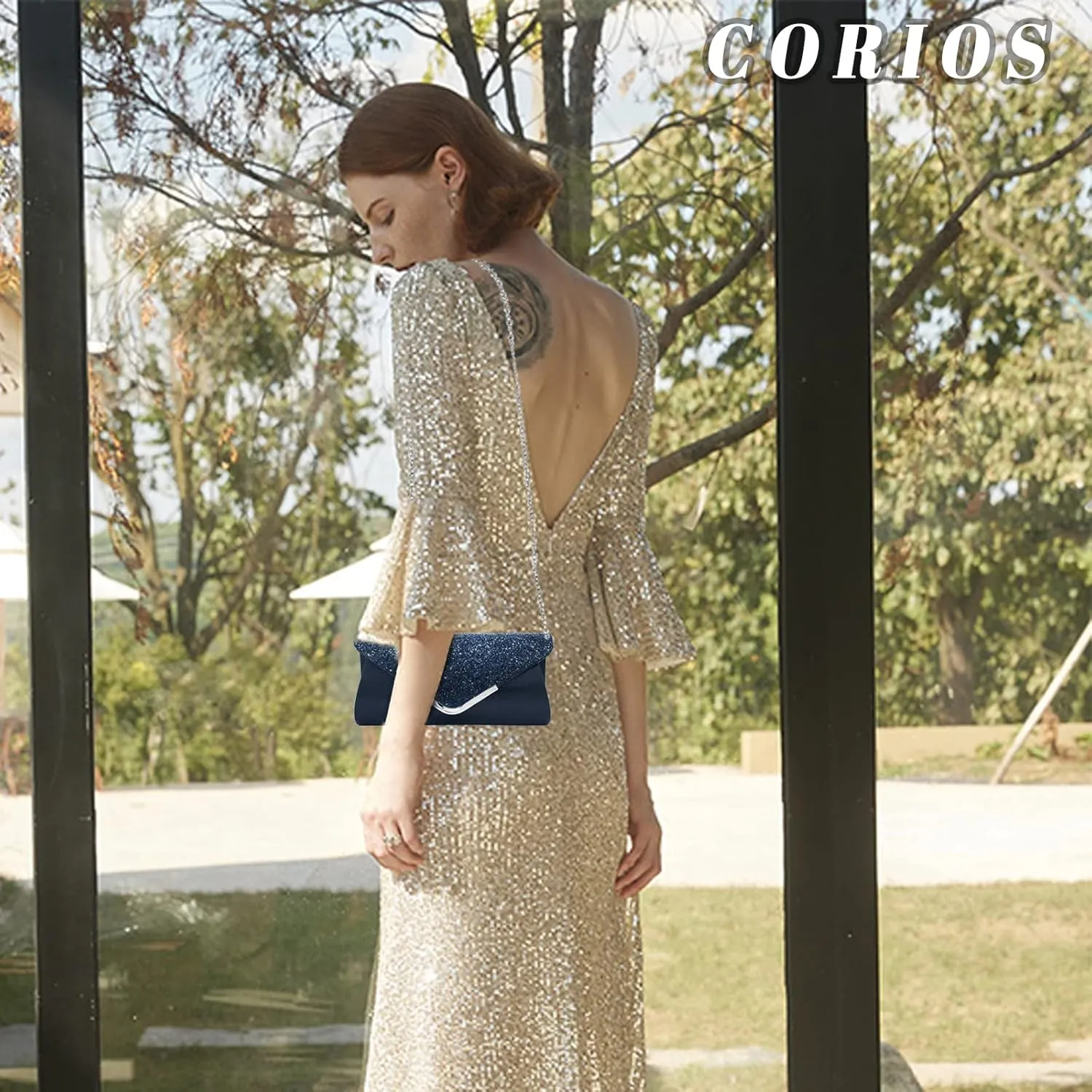 Women Envelope Clutch Bag Sequins Evening Bag Shiny Handbag with Detachable Chain Bridal Wedding Purse