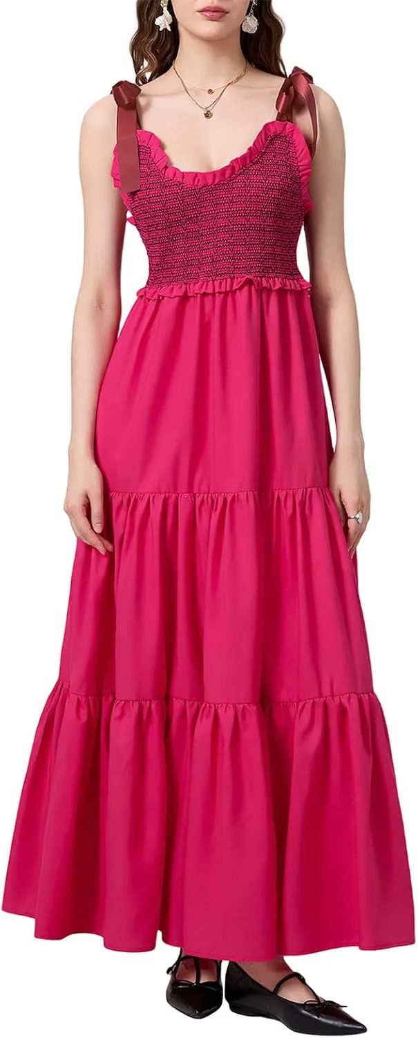 Women Floral Maxi Dress Boho Tie Shoulder Flowy Sundress Sleeveless Backless Long Dress Summer Holiday Beachwear