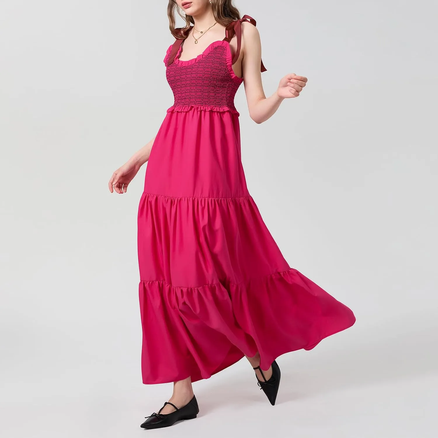Women Floral Maxi Dress Boho Tie Shoulder Flowy Sundress Sleeveless Backless Long Dress Summer Holiday Beachwear