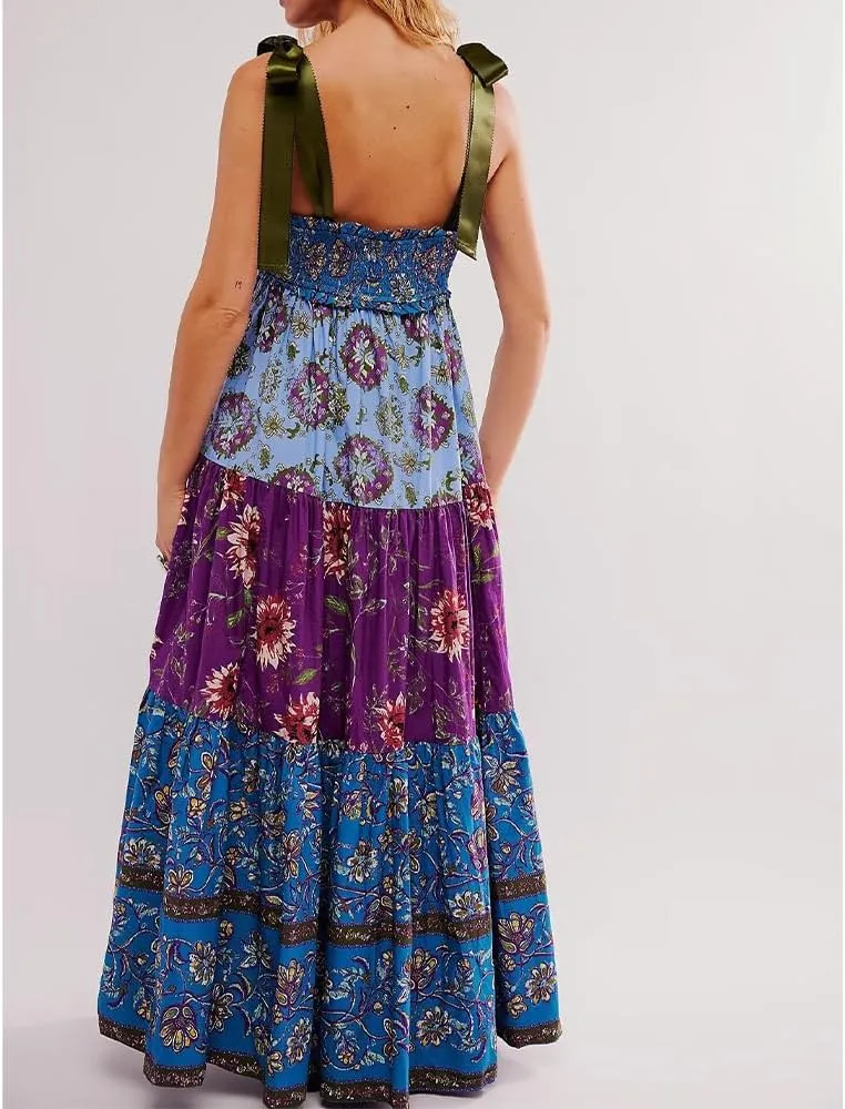 Women Floral Maxi Dress Sleeveless Tie Shoulder Bohemian Flowy Smocked Dresses Casual Summer Sundress with Pockets