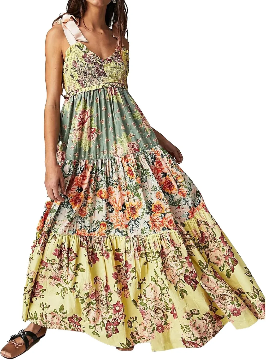 Women Floral Maxi Dress Sleeveless Tie Shoulder Bohemian Flowy Smocked Dresses Casual Summer Sundress with Pockets