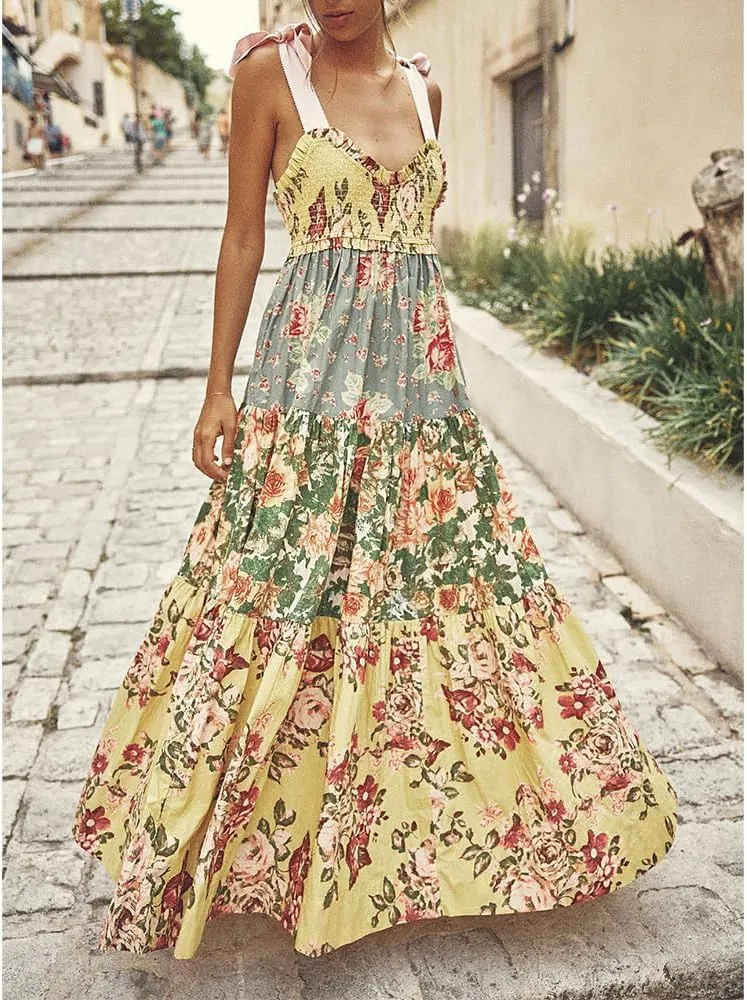 Women Floral Maxi Dress Sleeveless Tie Shoulder Bohemian Flowy Smocked Dresses Casual Summer Sundress with Pockets