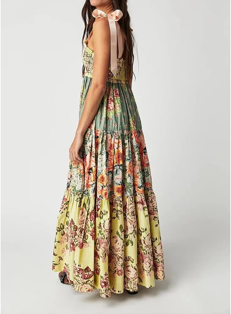 Women Floral Maxi Dress Sleeveless Tie Shoulder Bohemian Flowy Smocked Dresses Casual Summer Sundress with Pockets