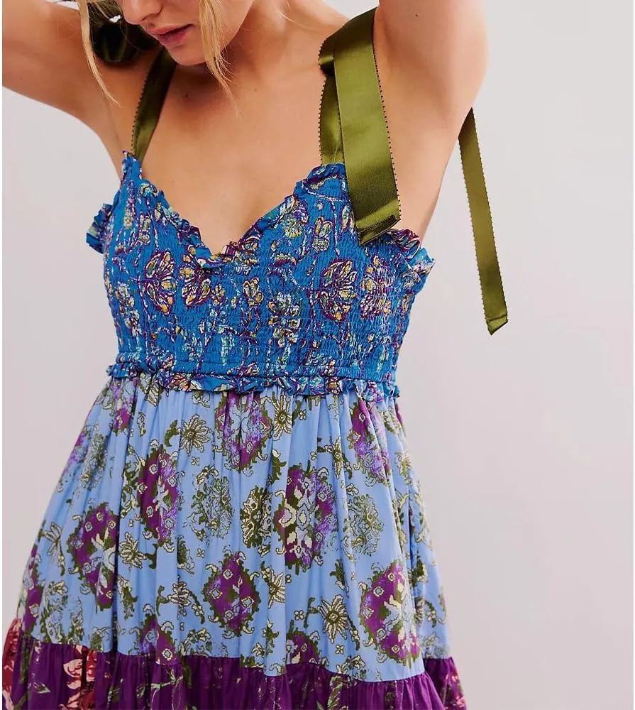 Women Floral Maxi Dress Sleeveless Tie Shoulder Bohemian Flowy Smocked Dresses Casual Summer Sundress with Pockets