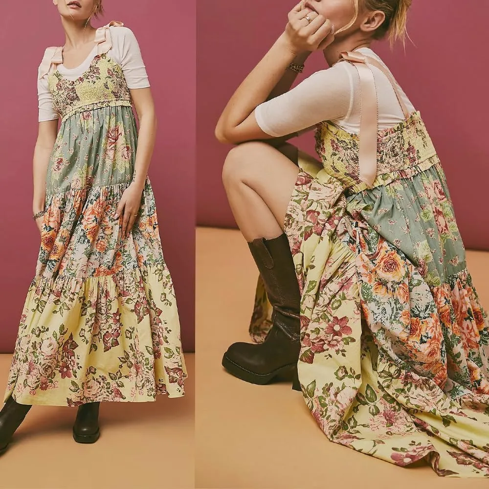 Women Floral Maxi Dress Sleeveless Tie Shoulder Bohemian Flowy Smocked Dresses Casual Summer Sundress with Pockets
