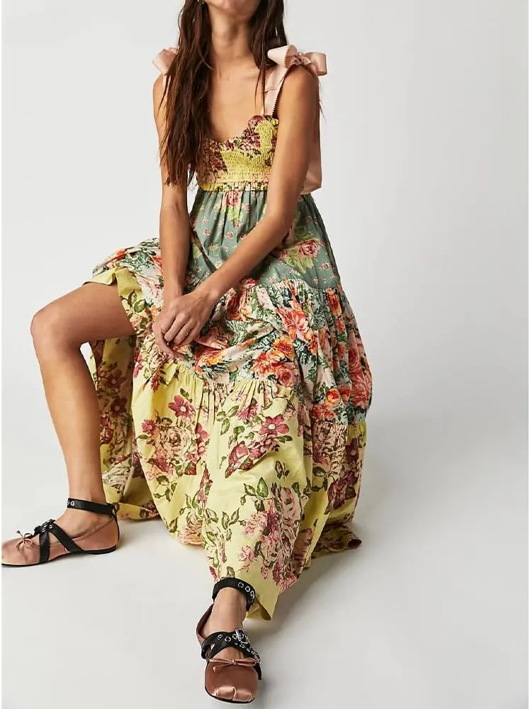 Women Floral Maxi Dress Sleeveless Tie Shoulder Bohemian Flowy Smocked Dresses Casual Summer Sundress with Pockets