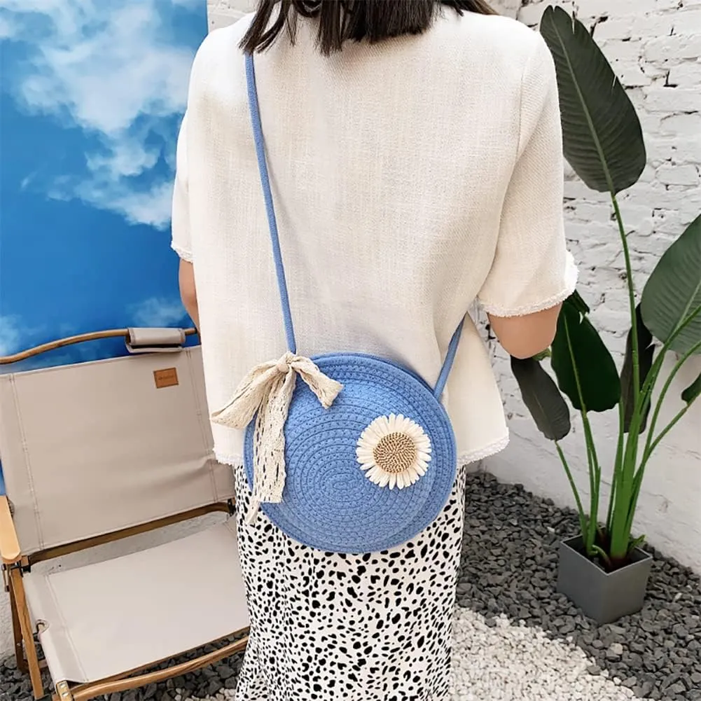 Women Hand-woven Straw Crossbody Bag, Summer Beach Sunflower Grass Braided Shoulder Bag With Bow, Boho Soft Handbag Purse