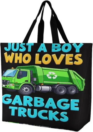 Women Just A Boy Who Loves Garbage Trucks Tote Satchel Soft Polyester Hobo Handbags, Roomy Shoulder Bags for Travel Business Shopping, Zippered Tote Purse