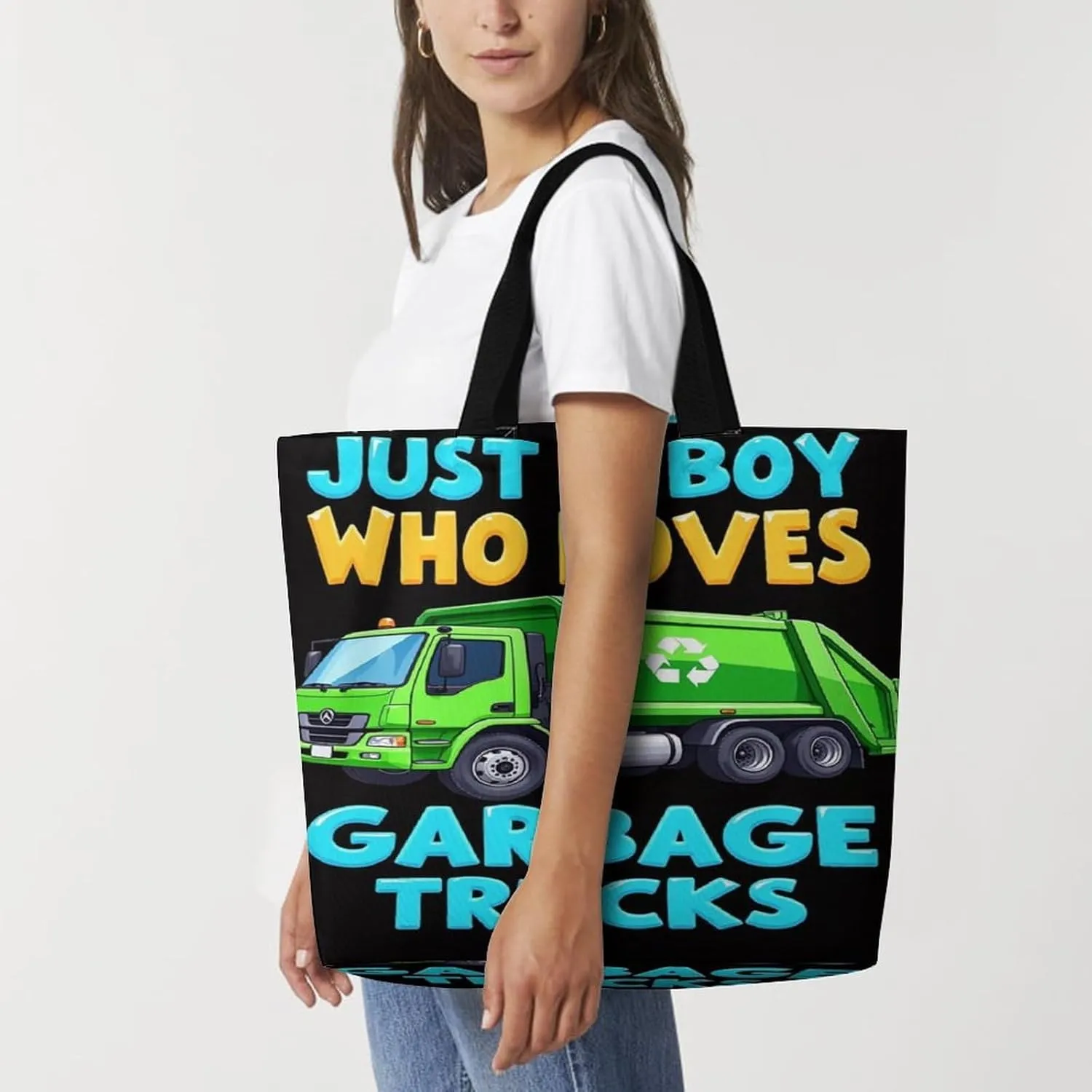 Women Just A Boy Who Loves Garbage Trucks Tote Satchel Soft Polyester Hobo Handbags, Roomy Shoulder Bags for Travel Business Shopping, Zippered Tote Purse