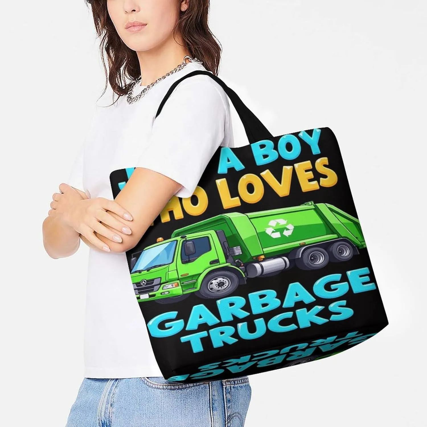 Women Just A Boy Who Loves Garbage Trucks Tote Satchel Soft Polyester Hobo Handbags, Roomy Shoulder Bags for Travel Business Shopping, Zippered Tote Purse