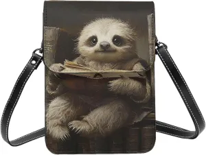 Women Leather Small Crossbody Bag Cell Phone Bag Wallet Purse Handbag, Sloth Bookshelf Books Vintage
