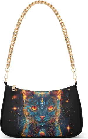 Women Shoulder Bag Fractal Cat Style Mythology Ancient Egypt Lightweight Clutch Handbags Casual Tote Handbags