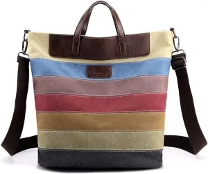 Women Shoulder Bag Multicolor Striped Canvas Tote Handbag