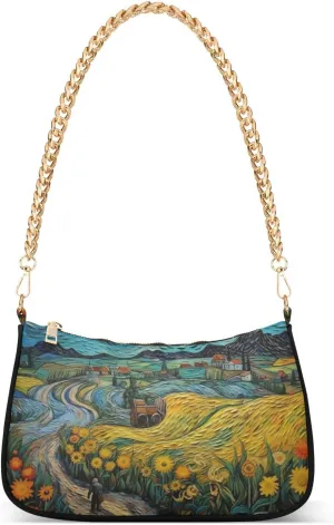 Women Shoulder Bag Village Sunflowers under Starry Sky Painting Lightweight Clutch Handbags Casual Tote Handbags
