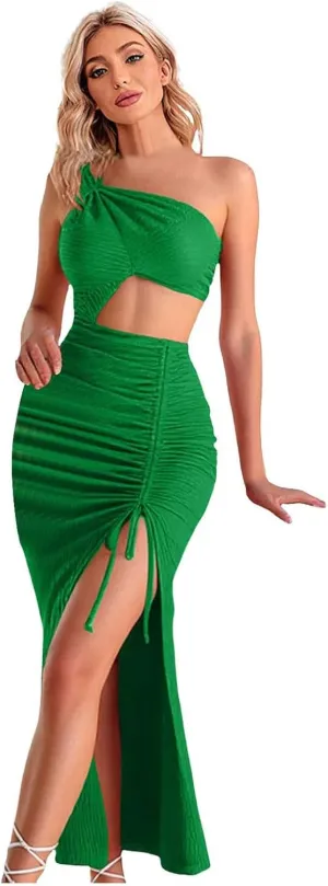 Women Sleeveless Side Slit Bodycon One Shoulder Ribbed Knit Party Bodycon Midi Dresses Sexy Exposed Waist Party