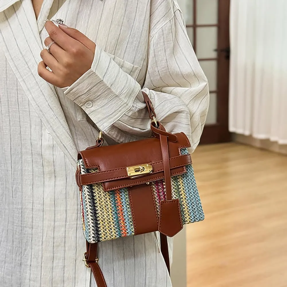 Women Straw Rainbow Multicolored Striped Handbag, PU Leather Woven Clutch Crossbody Purse, Novelty Casual Box Shoulder Tote