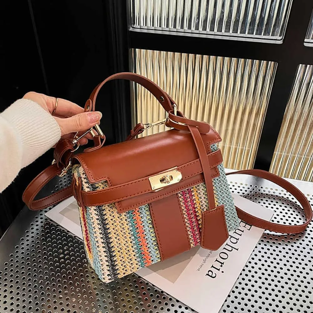 Women Straw Rainbow Multicolored Striped Handbag, PU Leather Woven Clutch Crossbody Purse, Novelty Casual Box Shoulder Tote