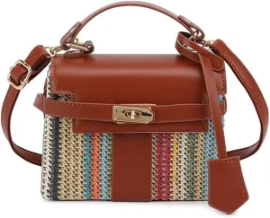 Women Straw Rainbow Multicolored Striped Handbag, PU Leather Woven Clutch Crossbody Purse, Novelty Casual Box Shoulder Tote