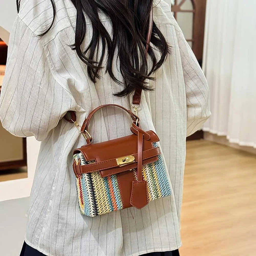 Women Straw Rainbow Multicolored Striped Handbag, PU Leather Woven Clutch Crossbody Purse, Novelty Casual Box Shoulder Tote