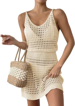 Women Summer Crochet Hollow Out Swim Cover Ups Loose Beach Bathing Suit Vacation Dresses, S-XL