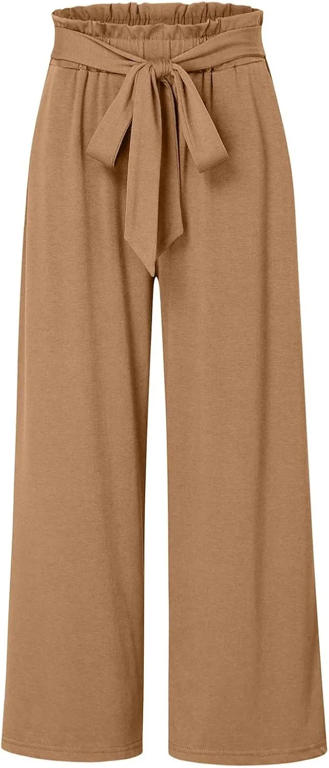 Women Summer High Waisted Cotton Linen Palazzo Pants Wide Leg Long Boho Lounge Work Pant Trouser with Pockets