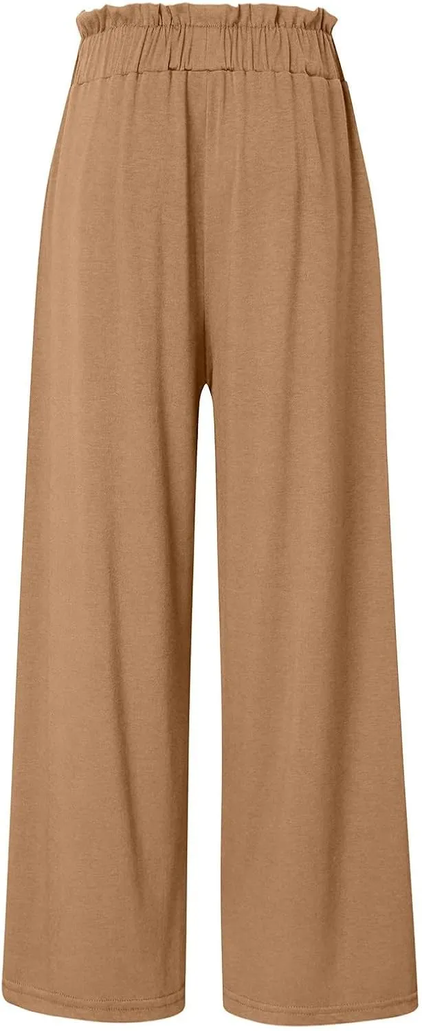 Women Summer High Waisted Cotton Linen Palazzo Pants Wide Leg Long Boho Lounge Work Pant Trouser with Pockets
