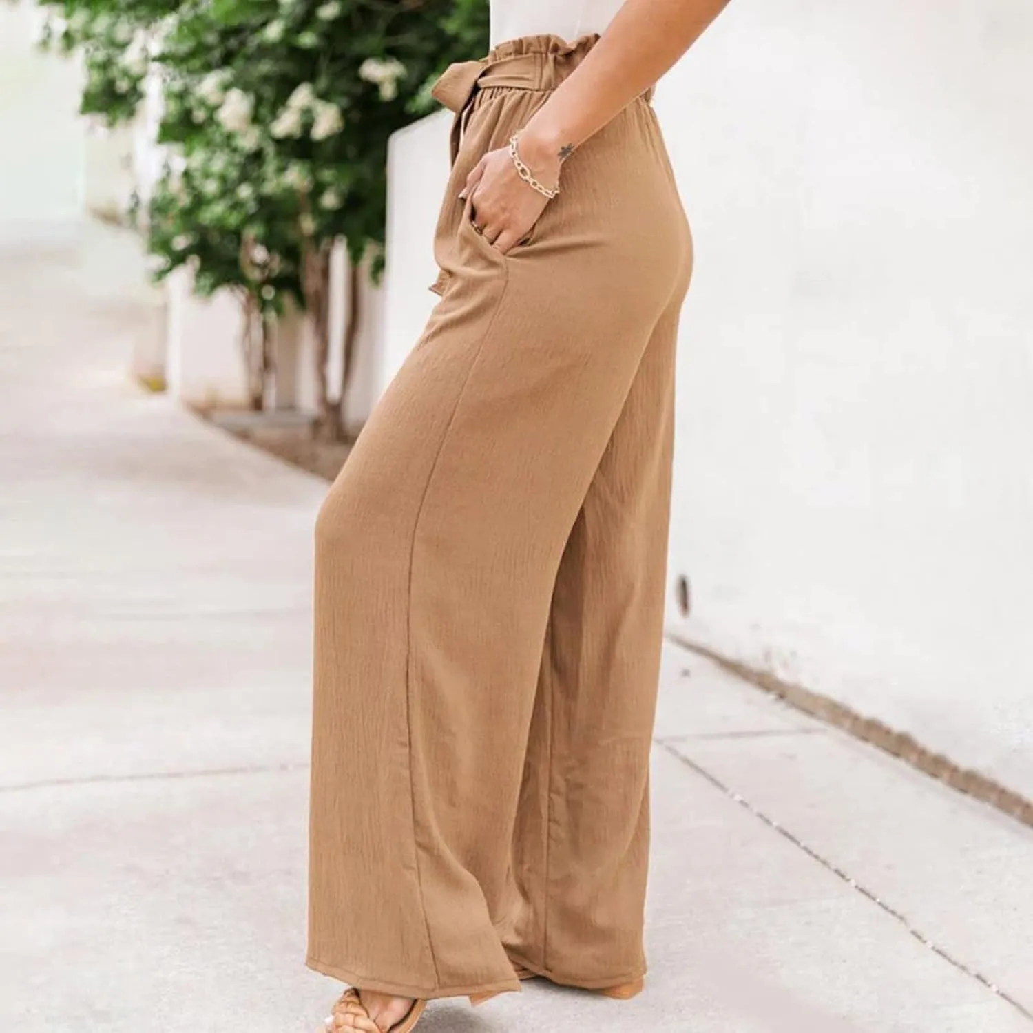 Women Summer High Waisted Cotton Linen Palazzo Pants Wide Leg Long Boho Lounge Work Pant Trouser with Pockets