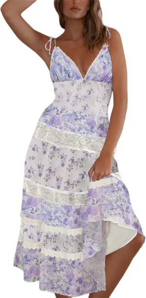 Women Tie Shoulder Boho Floral Maxi Dress Y2k Smocked Flowy Lace Sundress Spaghetti Strap Summer Long Beach Dress